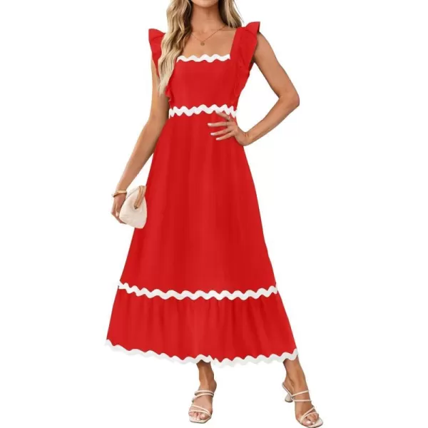 imageZESICA Womens Summer Sleeveless Ruffle Dresses 2024 Square Neck Backless Boho Flowy Maxi Sundress with PocketsRed