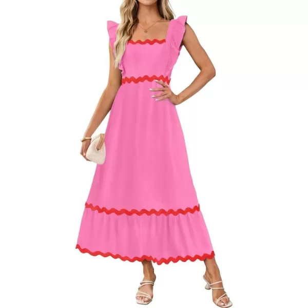 imageZESICA Womens Summer Sleeveless Ruffle Dresses 2024 Square Neck Backless Boho Flowy Maxi Sundress with PocketsRose