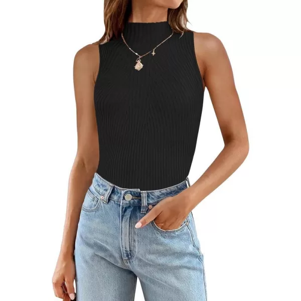imageZESICA Womens Summer Sleeveless Tank Tops Mock Turtle Neck Ribbed Knit Slim Fitted Basic Casual ShirtsBlack