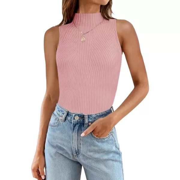 imageZESICA Womens Summer Sleeveless Tank Tops Mock Turtle Neck Ribbed Knit Slim Fitted Basic Casual ShirtsPink