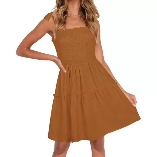 imageZESICA Womens Summer Spaghetti Strap Sleeveless Square Neck Ruffle A Line Swing Mini DressBrown