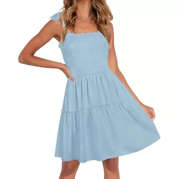 imageZESICA Womens Summer Spaghetti Strap Sleeveless Square Neck Ruffle A Line Swing Mini DressLightblue