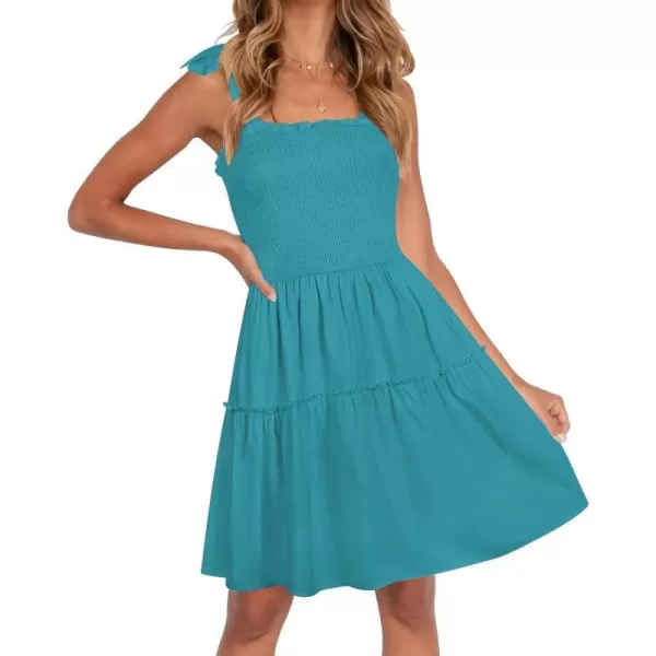 imageZESICA Womens Summer Spaghetti Strap Sleeveless Square Neck Ruffle A Line Swing Mini DressPeacock