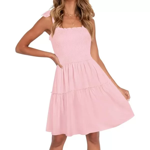 imageZESICA Womens Summer Spaghetti Strap Sleeveless Square Neck Ruffle A Line Swing Mini DressPink