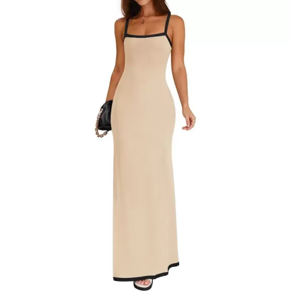 imageZESICA Womens Summer Spaghetti Straps Sleeveless Bodycon Maxi Dress 2024 Square Neck Contrast Ribbed Knit Long DressesApricot