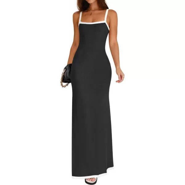 imageZESICA Womens Summer Spaghetti Straps Sleeveless Bodycon Maxi Dress 2024 Square Neck Contrast Ribbed Knit Long DressesBlack