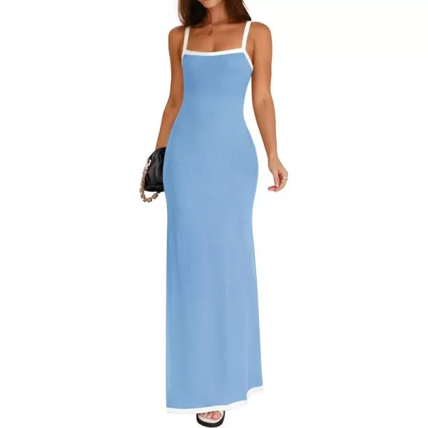 imageZESICA Womens Summer Spaghetti Straps Sleeveless Bodycon Maxi Dress 2024 Square Neck Contrast Ribbed Knit Long DressesBlue