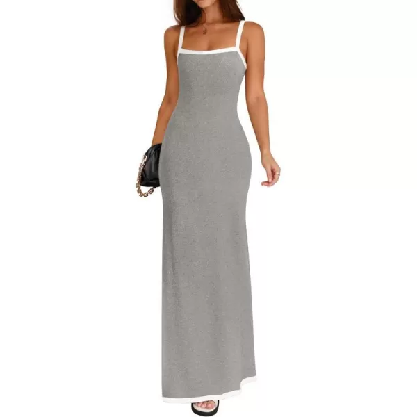 imageZESICA Womens Summer Spaghetti Straps Sleeveless Bodycon Maxi Dress 2024 Square Neck Contrast Ribbed Knit Long DressesGray