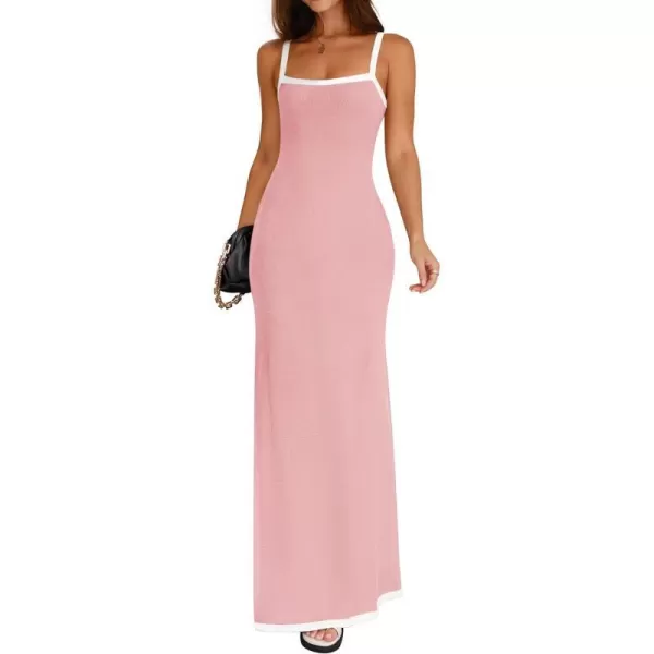 imageZESICA Womens Summer Spaghetti Straps Sleeveless Bodycon Maxi Dress 2024 Square Neck Contrast Ribbed Knit Long DressesPink