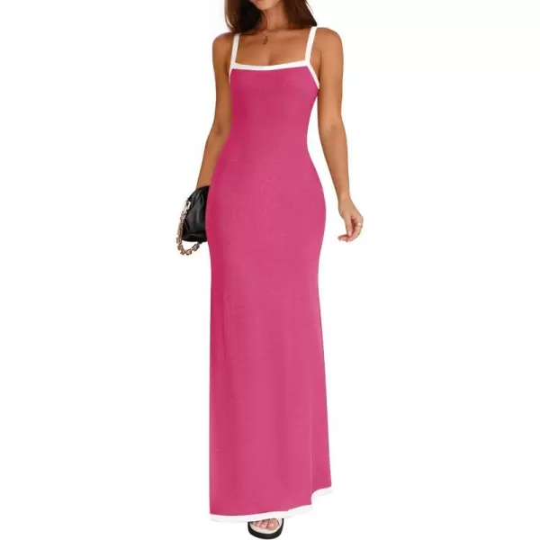 imageZESICA Womens Summer Spaghetti Straps Sleeveless Bodycon Maxi Dress 2024 Square Neck Contrast Ribbed Knit Long DressesRose