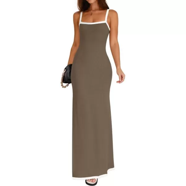 imageZESICA Womens Summer Spaghetti Straps Sleeveless Bodycon Maxi Dress 2024 Square Neck Contrast Ribbed Knit Long DressesTaupe