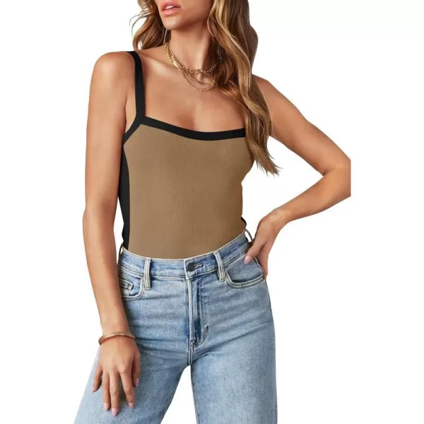 imageZESICA Womens Summer Spaghetti Straps Tank Tops Sleeveless Ribbed Knit Slim Fit Basic Camisole Tee ShirtsKhaki