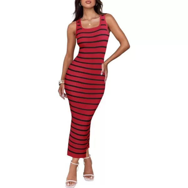 imageZESICA Womens Summer Square Neck Bodycon Maxi Dresses 2024 Casual Sleeveless Ribbed Knit Striped Beach Vacation Long DressWine