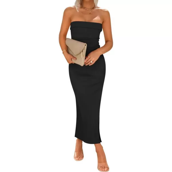 imageZESICA Womens Summer Strapless Bodycon Maxi Dress 2024 Off Shoulder Strapless Side Slit Tube Long Club Party DressesBlack