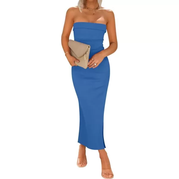 imageZESICA Womens Summer Strapless Bodycon Maxi Dress 2024 Off Shoulder Strapless Side Slit Tube Long Club Party DressesBlue