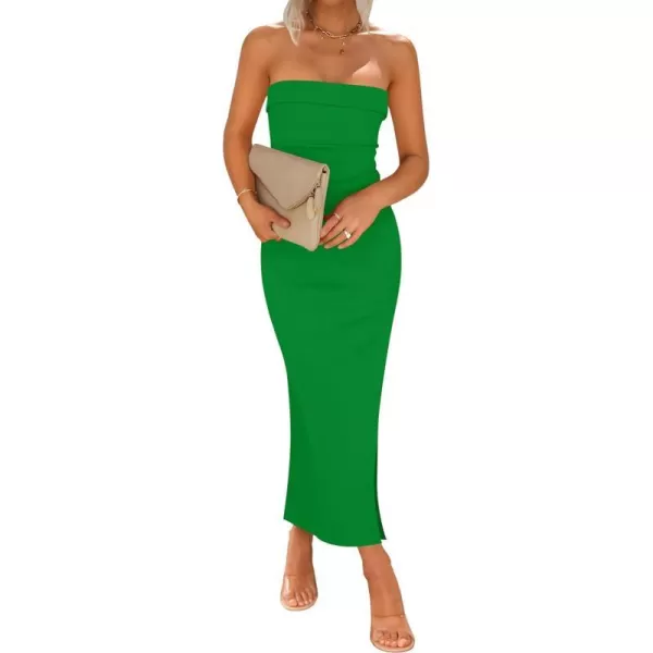 imageZESICA Womens Summer Strapless Bodycon Maxi Dress 2024 Off Shoulder Strapless Side Slit Tube Long Club Party DressesGreen