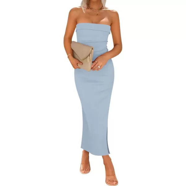 imageZESICA Womens Summer Strapless Bodycon Maxi Dress 2024 Off Shoulder Strapless Side Slit Tube Long Club Party DressesLight Blue