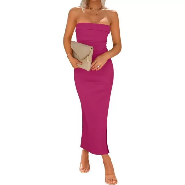 imageZESICA Womens Summer Strapless Bodycon Maxi Dress 2024 Off Shoulder Strapless Side Slit Tube Long Club Party DressesPlum