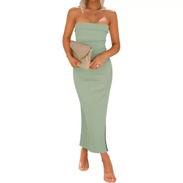 imageZESICA Womens Summer Strapless Bodycon Maxi Dress 2024 Off Shoulder Strapless Side Slit Tube Long Club Party DressesSage