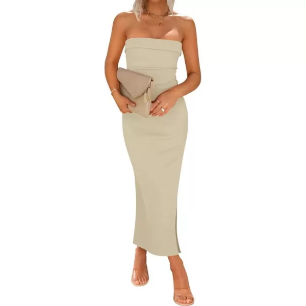 imageZESICA Womens Summer Strapless Bodycon Maxi Dress 2024 Off Shoulder Strapless Side Slit Tube Long Club Party DressesSand