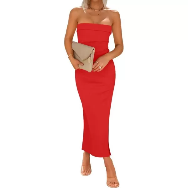 imageZESICA Womens Summer Strapless Bodycon Maxi Dress 2024 Off Shoulder Strapless Side Slit Tube Long Club Party DressesWatermelon