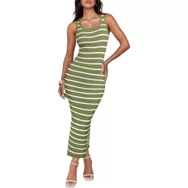 imageZESICA Womens Summer Striped Bodycon Midi Dresses 2024 Casual Sleeveless Scoop Neck Ribbed Knit Beach Vacation Long DressOlivegreen