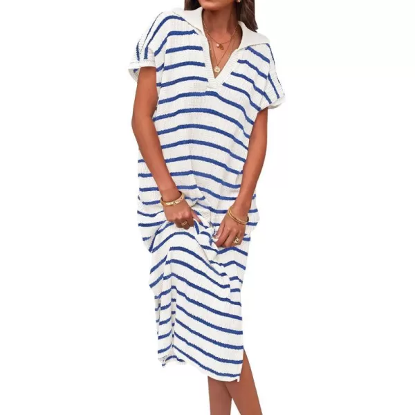 imageZESICA Womens Summer Striped Maxi Dress 2024 Casual Short Sleeve V Neck Loose Knitted Side Slit Long Sweater DressesBlue