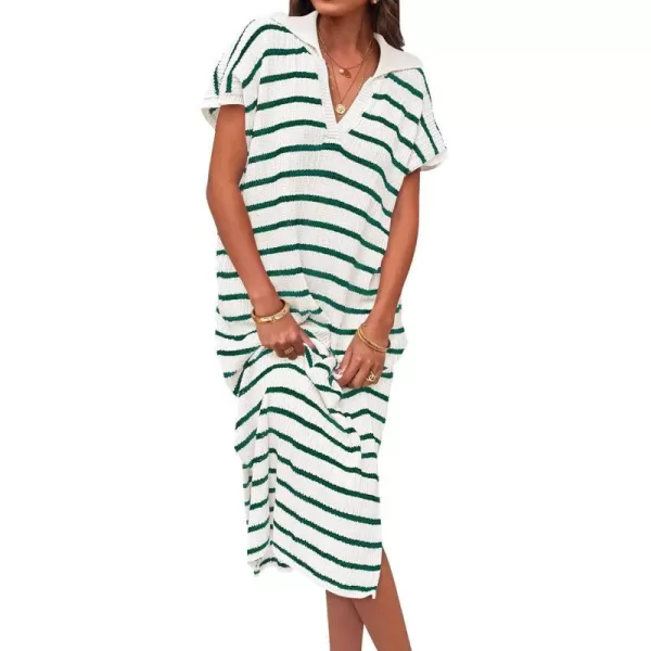 imageZESICA Womens Summer Striped Maxi Dress 2024 Casual Short Sleeve V Neck Loose Knitted Side Slit Long Sweater DressesGreen