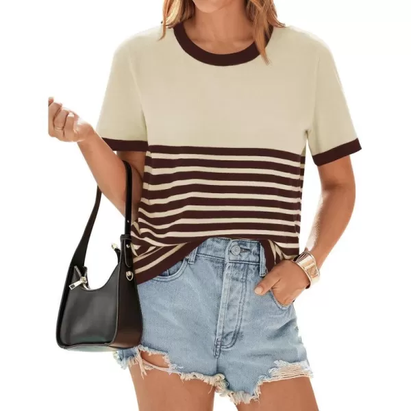 imageZESICA Womens Summer Striped Short Sleeve T Shirt 2024 Crew Neck Casual Ribbed Knit Basic Tops BlouseCoffee
