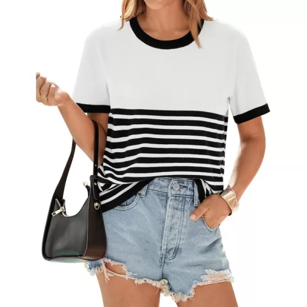 imageZESICA Womens Summer Striped Short Sleeve T Shirt 2024 Crew Neck Casual Ribbed Knit Basic Tops BlouseWhite
