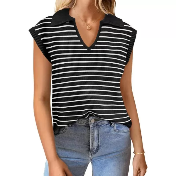 imageZESICA Womens Summer Striped Sweater Vest Cap Sleeve V Neck Pullover Tank Tops Fashion Clothes 2024Black