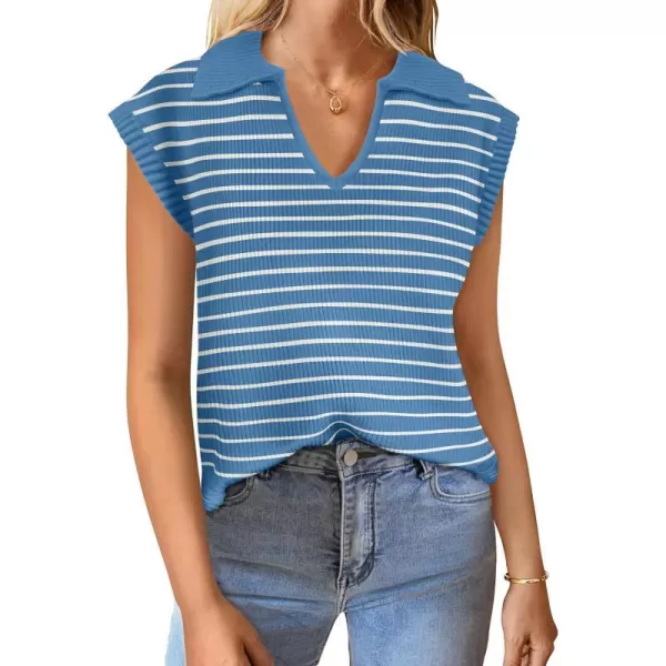 imageZESICA Womens Summer Striped Sweater Vest Cap Sleeve V Neck Pullover Tank Tops Fashion Clothes 2024Blue