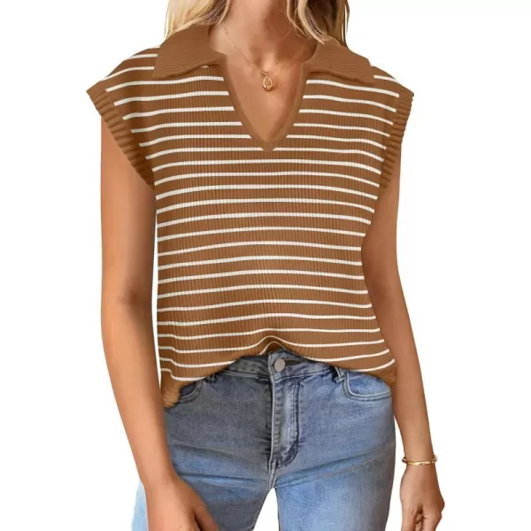 imageZESICA Womens Summer Striped Sweater Vest Cap Sleeve V Neck Pullover Tank Tops Fashion Clothes 2024Brown
