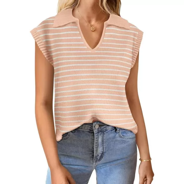 imageZESICA Womens Summer Striped Sweater Vest Cap Sleeve V Neck Pullover Tank Tops Fashion Clothes 2024Leather Pink
