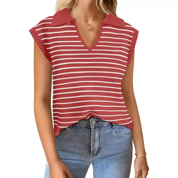 imageZESICA Womens Summer Striped Sweater Vest Cap Sleeve V Neck Pullover Tank Tops Fashion Clothes 2024Red