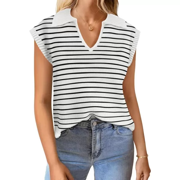 imageZESICA Womens Summer Striped Sweater Vest Cap Sleeve V Neck Pullover Tank Tops Fashion Clothes 2024White