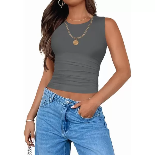 imageZESICA Womens Summer Tank Tops 2024 Sleeveless Crewneck Knit Slim Fitted Side Ruched Casual Basic ShirtCharcoal