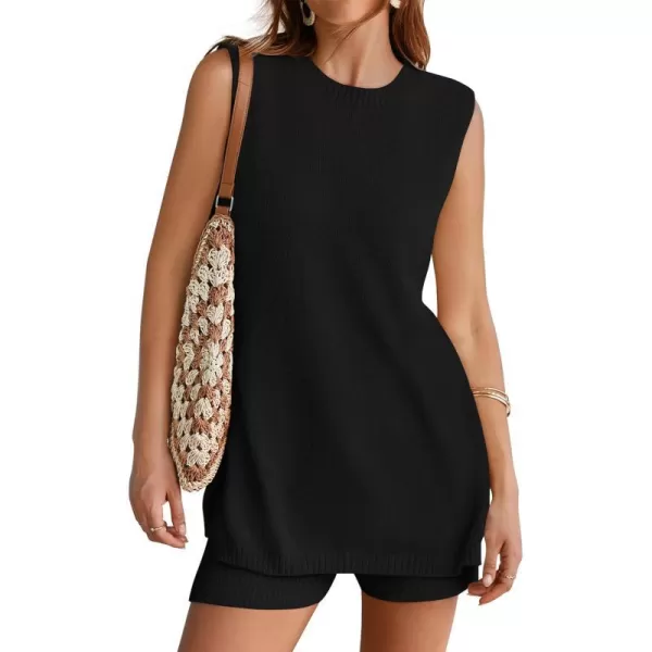 imageZESICA Womens Summer Two Piece Knit Outfits 2024 Casual Trendy Tank and Shorts Lounge SetsBlack