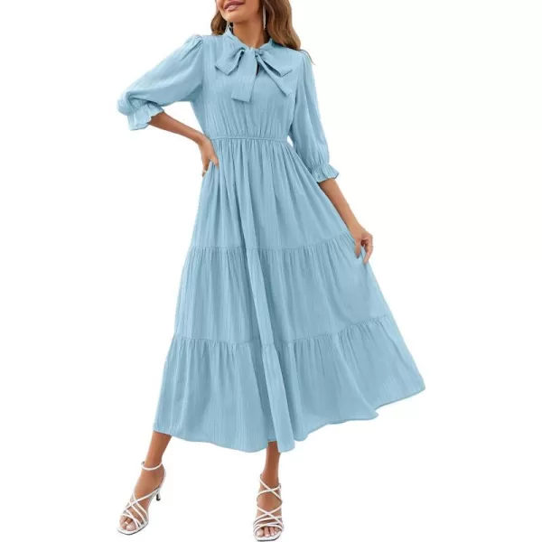 imageZESICA Womens Summer V Neck Maxi Dress Casual Short Sleeve Elastic High Tiered A Line Flowy Beach Party Long DressLightblue