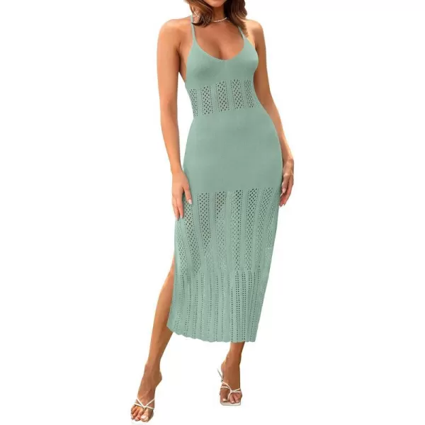 imageZESICA Womens Summer V Neck Sleeveless Dress Crochet Spaghetti Strap Beach Cover up Split Bodycon Midi DressesLightgreen