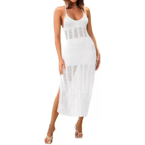 imageZESICA Womens Summer V Neck Sleeveless Dress Crochet Spaghetti Strap Beach Cover up Split Bodycon Midi DressesWhite