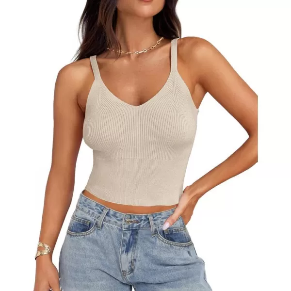 imageZESICA Womens Summer V Neck Tank Top 2024 Sleeveless Spaghetti Strap Cami Shirts Ribbed Knit Basic Crop TopsSand