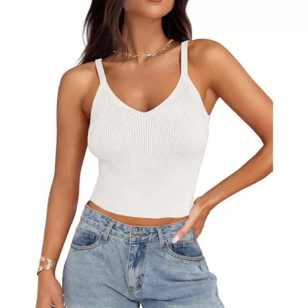 imageZESICA Womens Summer V Neck Tank Top 2024 Sleeveless Spaghetti Strap Cami Shirts Ribbed Knit Basic Crop TopsWhite