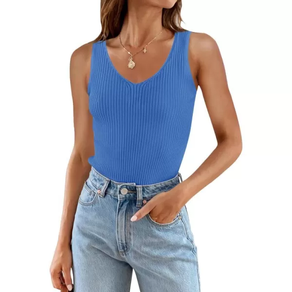 imageZESICA Womens Tank Tops 2023 Sexy Sleeveless V Neck Ribbed Knit Slim Fitted Basic Tees ShirtsCobalt