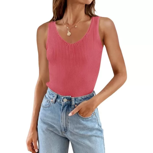 imageZESICA Womens Tank Tops 2023 Sexy Sleeveless V Neck Ribbed Knit Slim Fitted Basic Tees ShirtsCoral