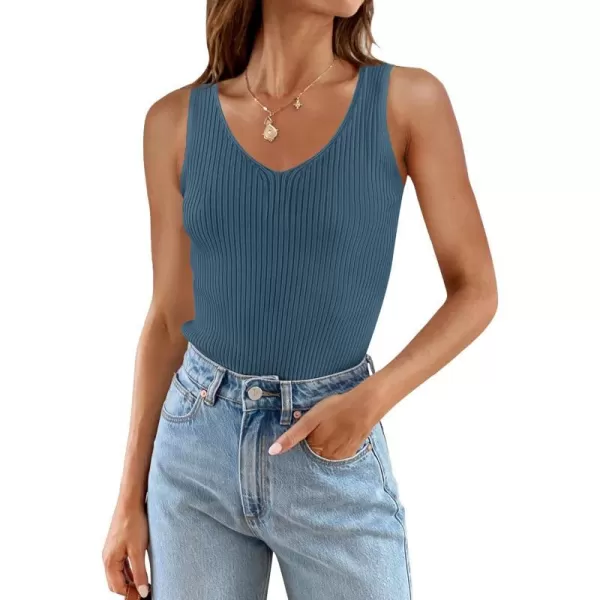 imageZESICA Womens Tank Tops 2023 Sexy Sleeveless V Neck Ribbed Knit Slim Fitted Basic Tees ShirtsDarkblue