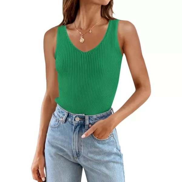 imageZESICA Womens Tank Tops 2023 Sexy Sleeveless V Neck Ribbed Knit Slim Fitted Basic Tees ShirtsGreen