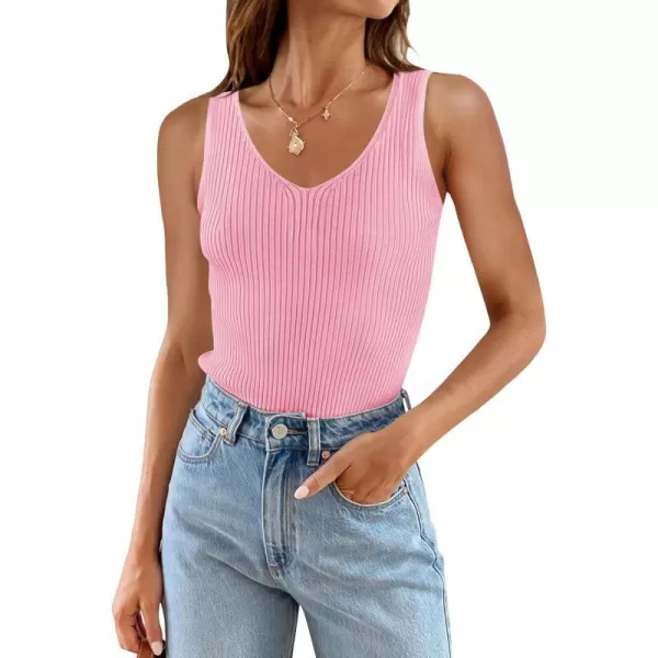 imageZESICA Womens Tank Tops 2023 Sexy Sleeveless V Neck Ribbed Knit Slim Fitted Basic Tees ShirtsHotpink