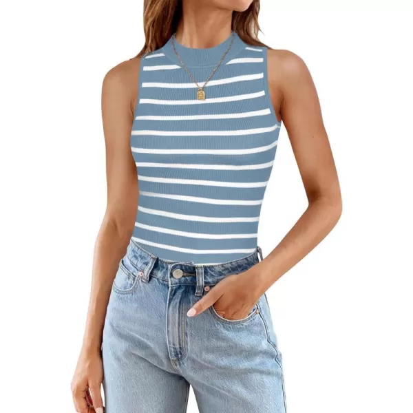 imageZESICA Womens Tank Tops Summer Sleeveless Ribbed High Neck Slim Fitted Striped Basic Casual ShirtsBlue