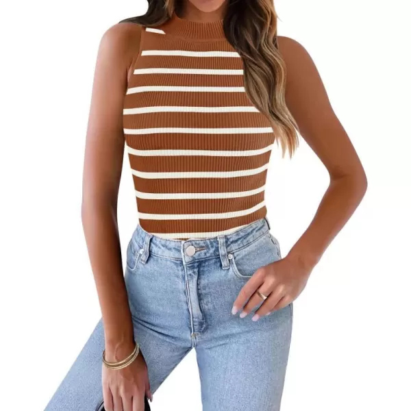imageZESICA Womens Tank Tops Summer Sleeveless Ribbed High Neck Slim Fitted Striped Basic Casual ShirtsBrown